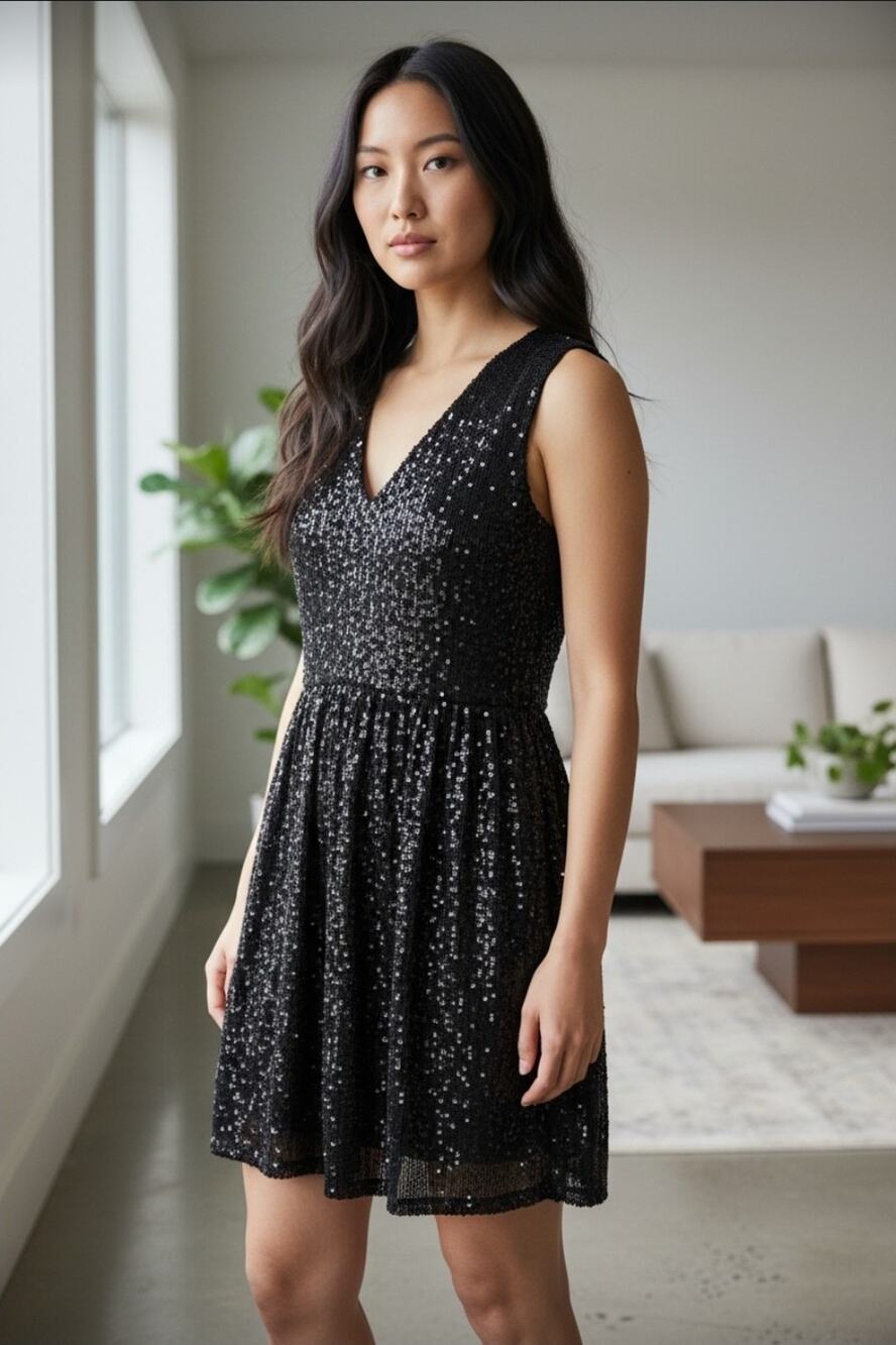 Draper James RSVP Glam Black Sequin V-Neck Midi Cocktail Dress 12 Wedding Guest